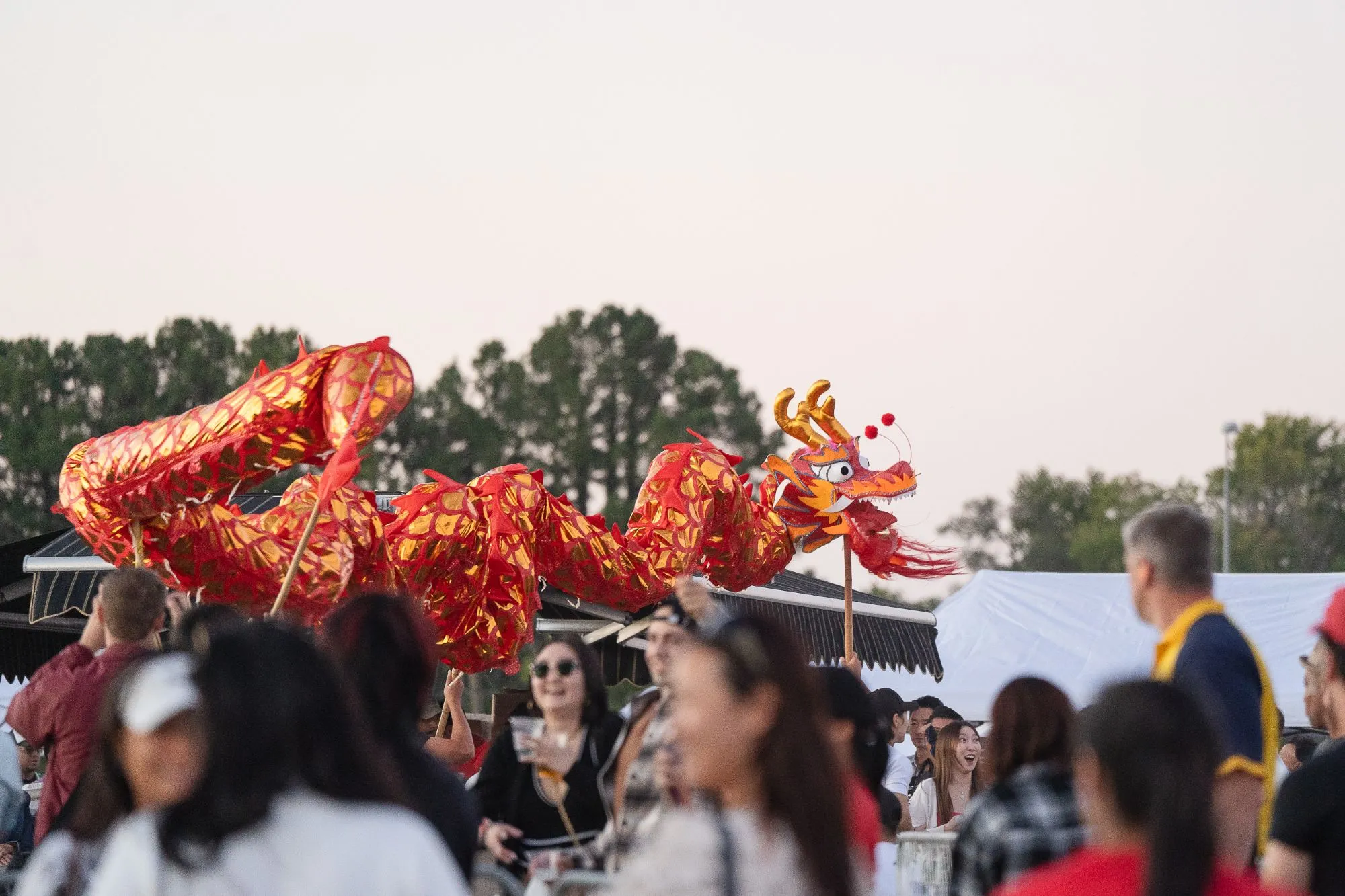 US Asian Fest in Loudoun County, Virginia: performers carry a red and gold Chinese dragon on poles above the crowd